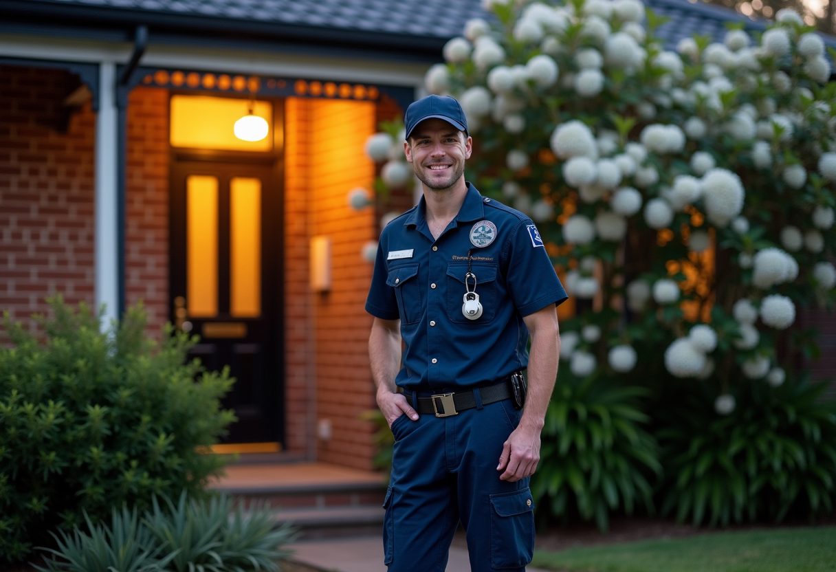 Locksmith opening a Federation home's front door at dusk — Mosman